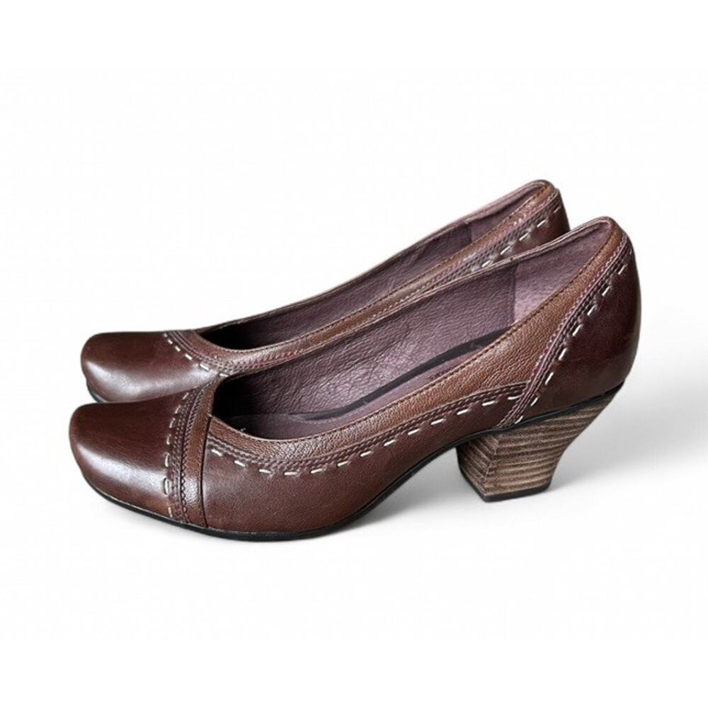 Clarks Indigo Brown Leather Block Heels Stitching Women’s Size 7.5 Boho Classy